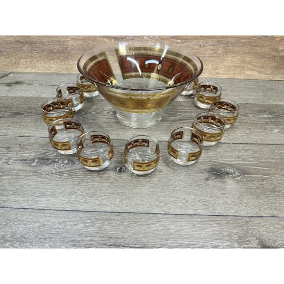 Culver Festival Wheat Medallions Punch Bowl & 11 Roly Ploy Punch Cups 22k Gold